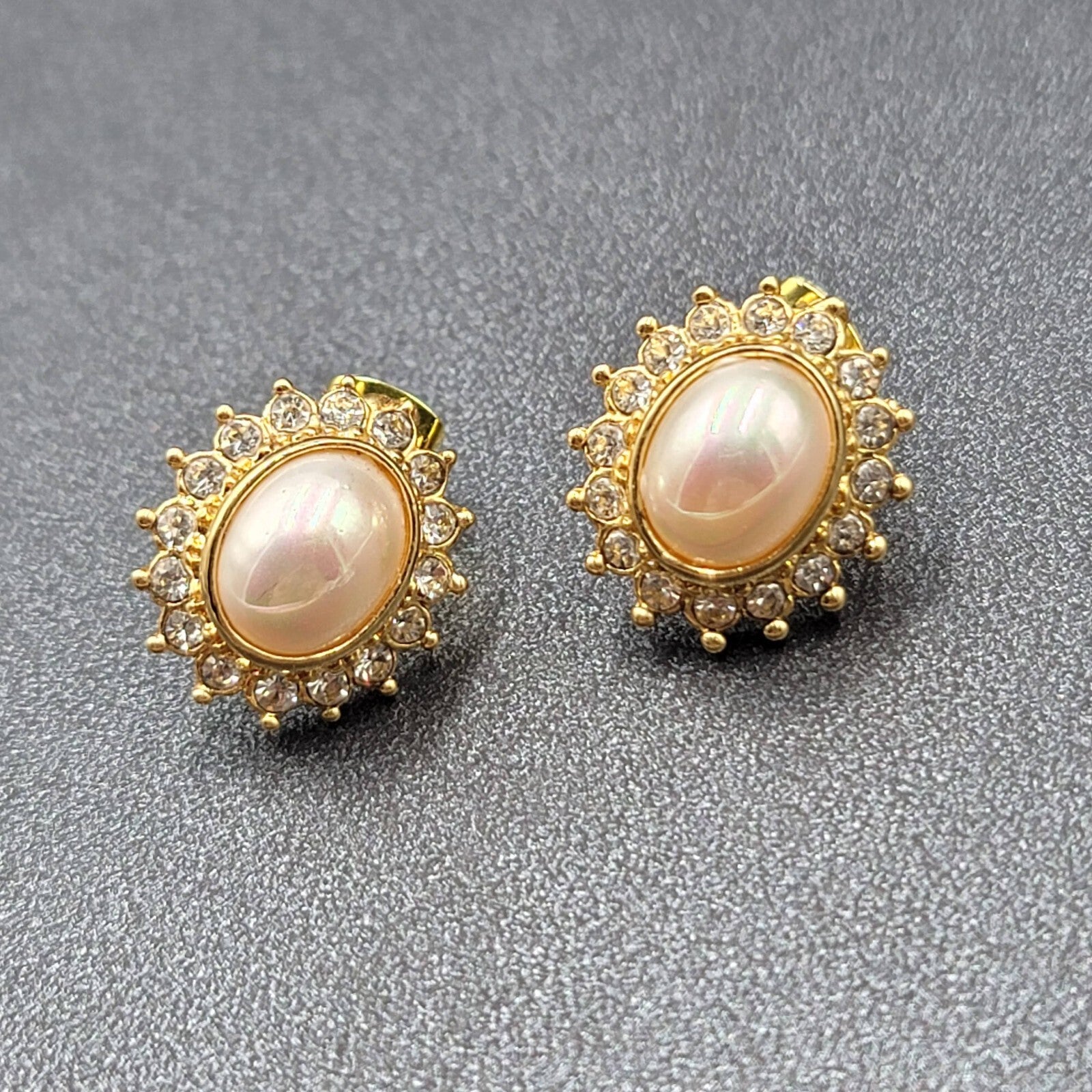 Pierced Earrings Gold Plated Crystal Oval Iridescent Cabochon Studs 5/8"