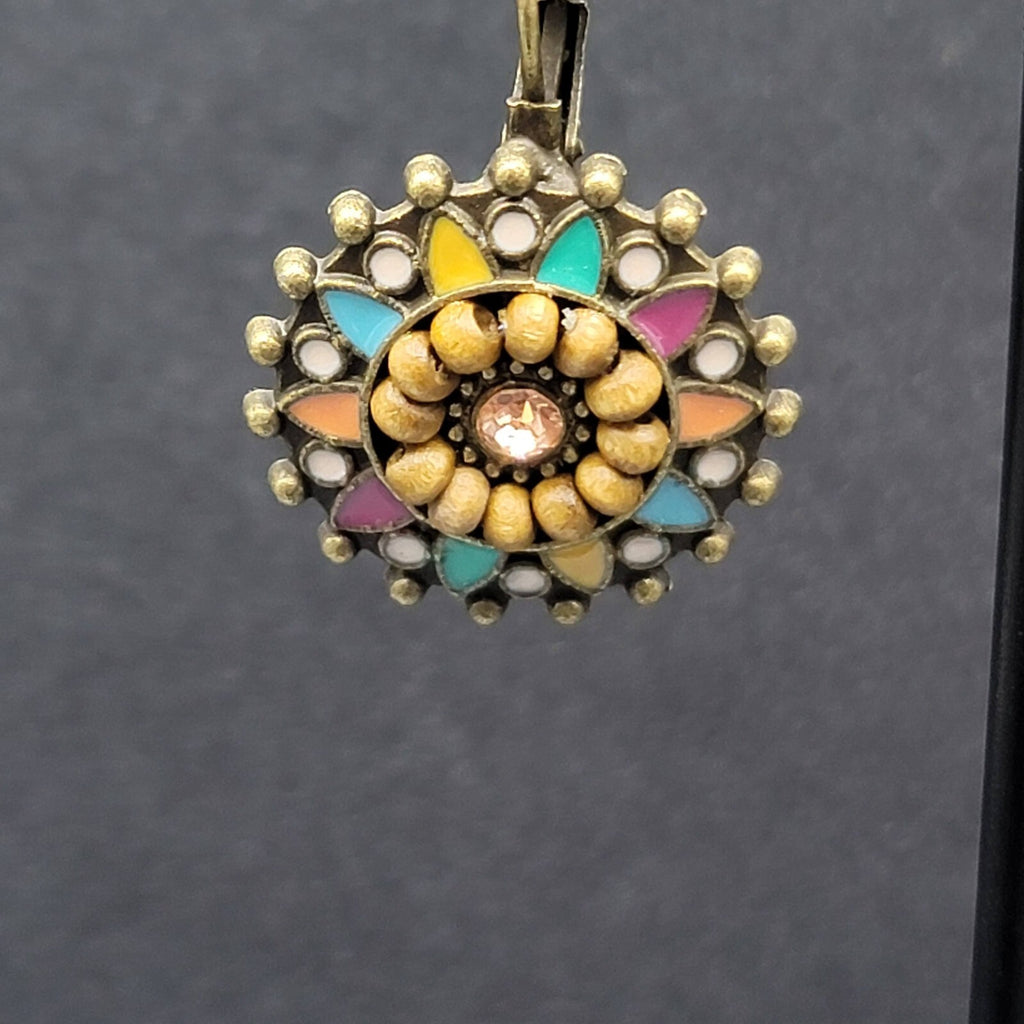 New Boho Pierced Earrings Bronze tone Medallion Enamel Wood Bead 1"