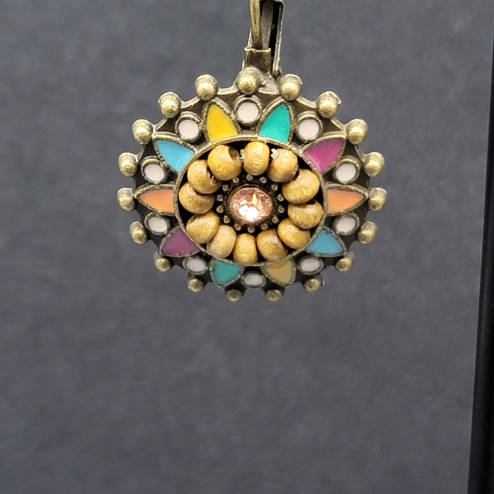 New Boho Pierced Earrings Bronze tone Medallion Enamel Wood Bead 1"