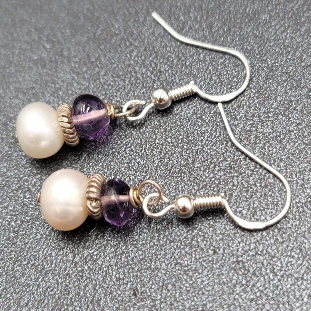 Sterling Silver Pierced Earrings Pearl Amethyst Bead Dangle 5/8"