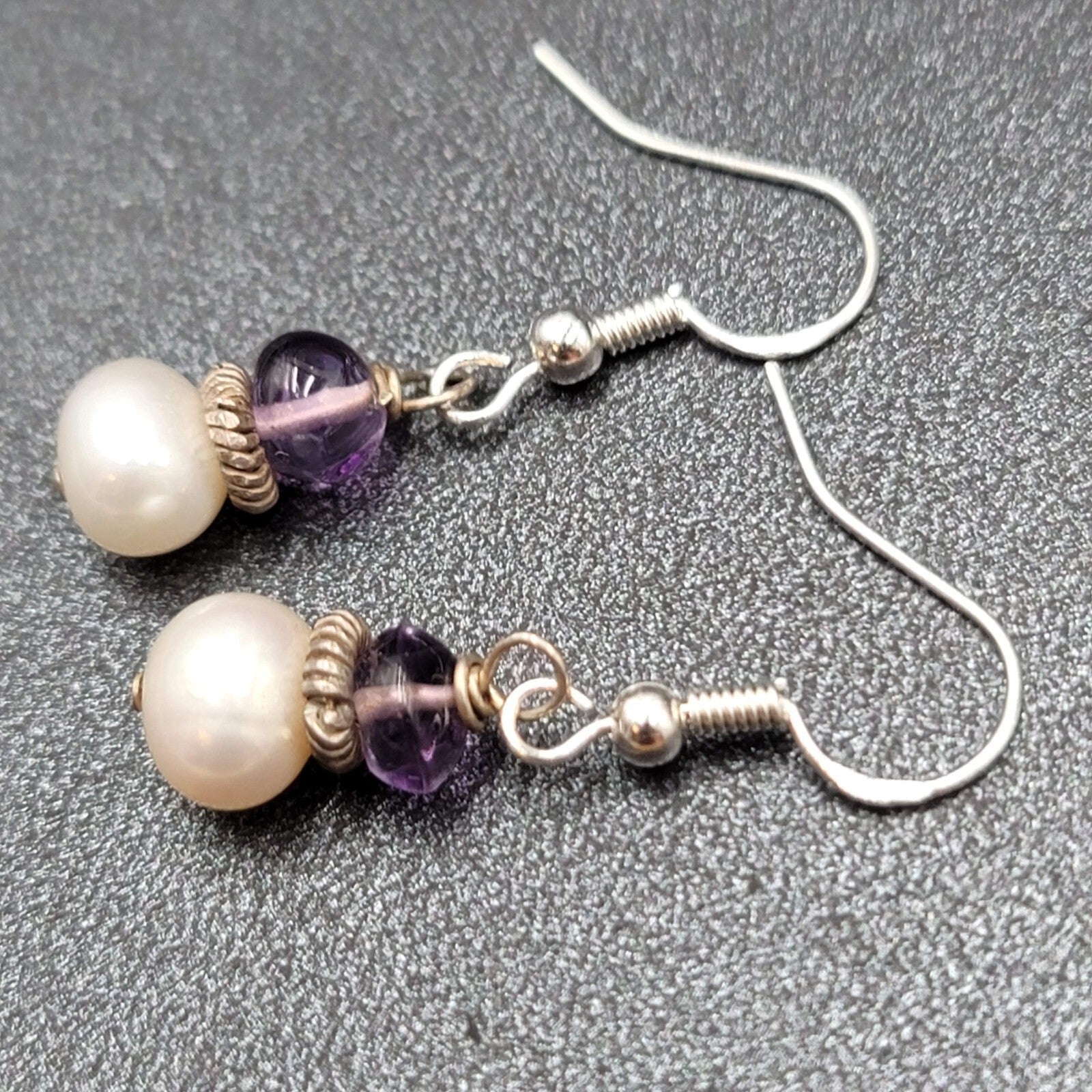 Sterling Silver Pierced Earrings Pearl Amethyst Bead Dangle 5/8"