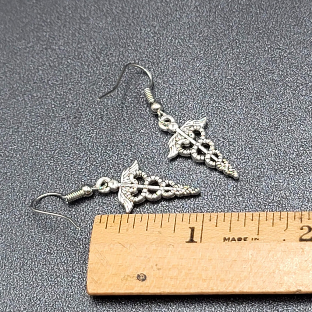  Caduceus Pierced Earrings Silver tone Medical Dangle 1"