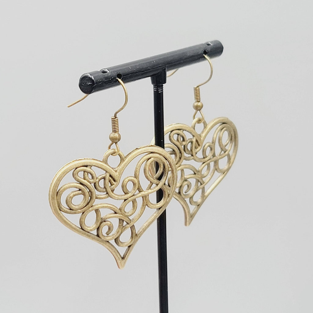 Heart Pierced Earrings Filigree Bronze tone Dangle New 1.25"