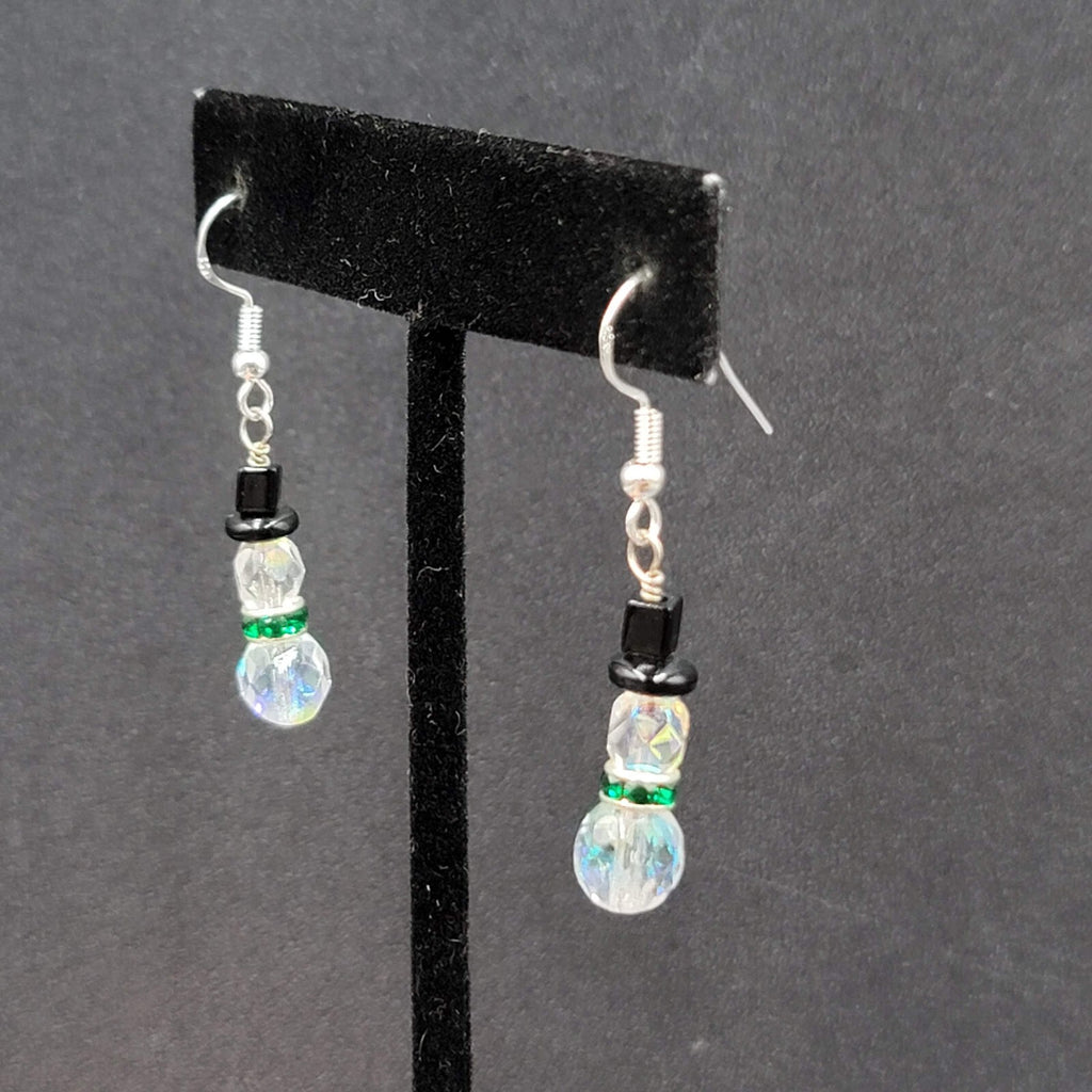 Sterling Silver Pierced Earrings Crystal Bead Snowman Dangle  1"