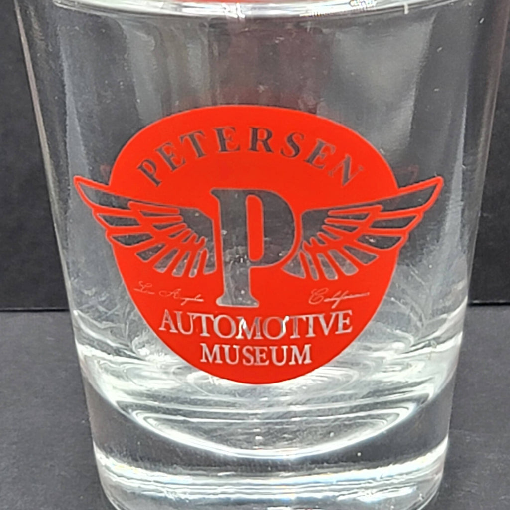 Petersen Automotive Museum Shot glass Souvenir Clear Red Lettering