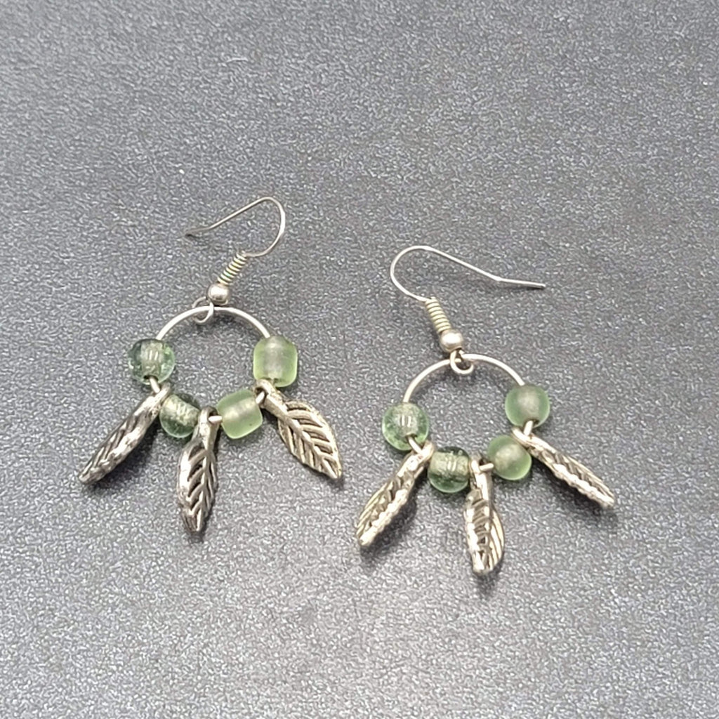 Pierced Earrings Silver tone Green Glass Bead Leaves Dangle  1.25"