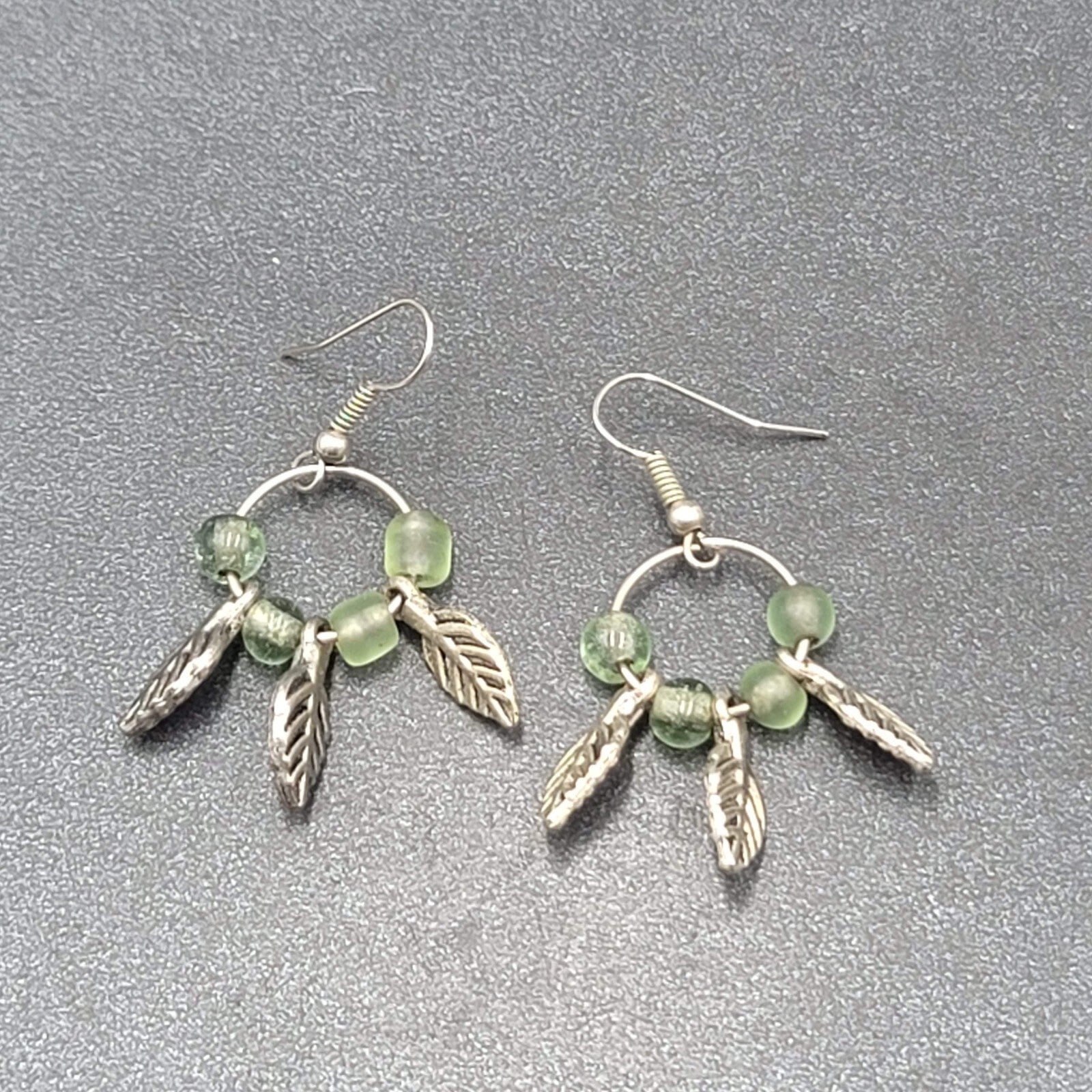Pierced Earrings Silver tone Green Glass Bead Leaves Dangle  1.25"
