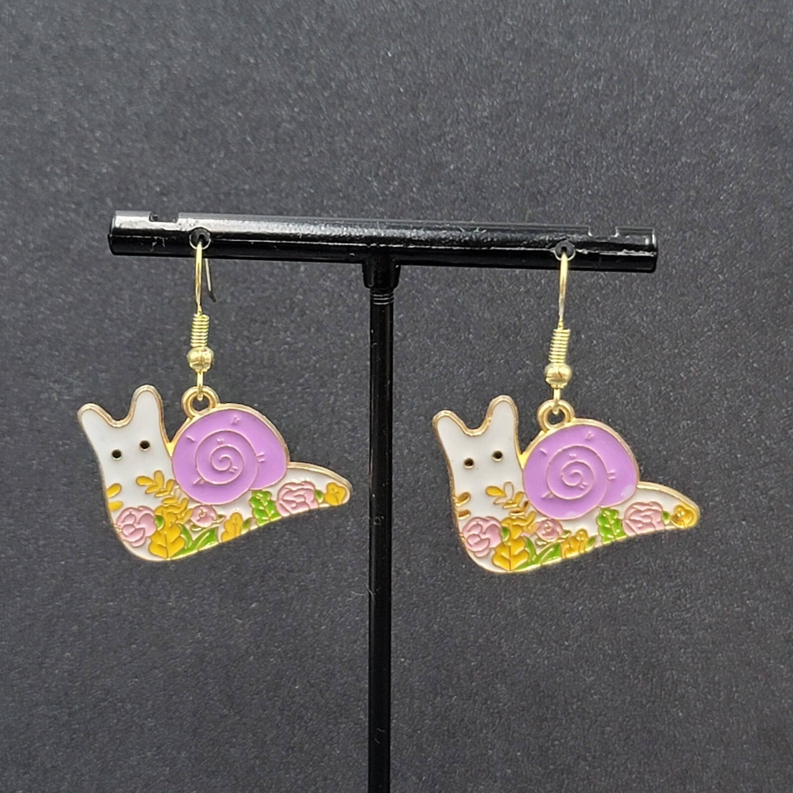 Purple Snail Pierced Earrings Gold tone Enamel Flowers Dangle 3/4"