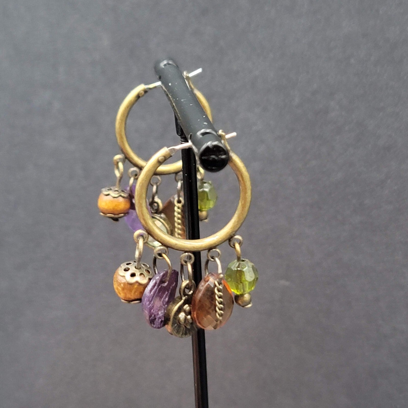Pierced Earrings Green tone Green Orange Purple Beads Hoops 1.25"