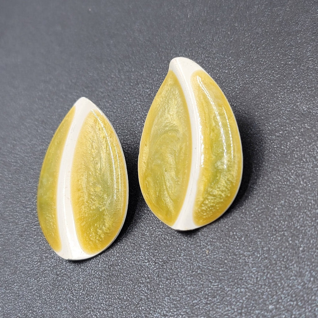 Vintage Pierced Earrings Green White Enamel Drop 1 3/8"