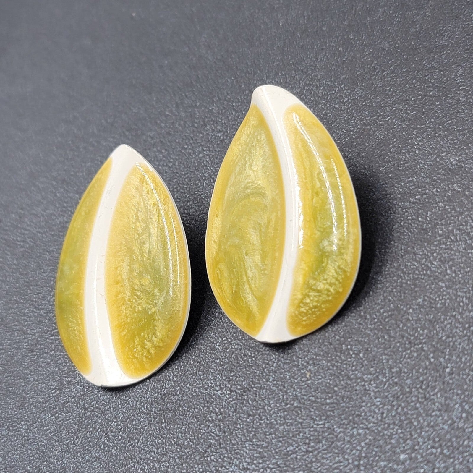 Vintage Pierced Earrings Green White Enamel Drop 1 3/8"