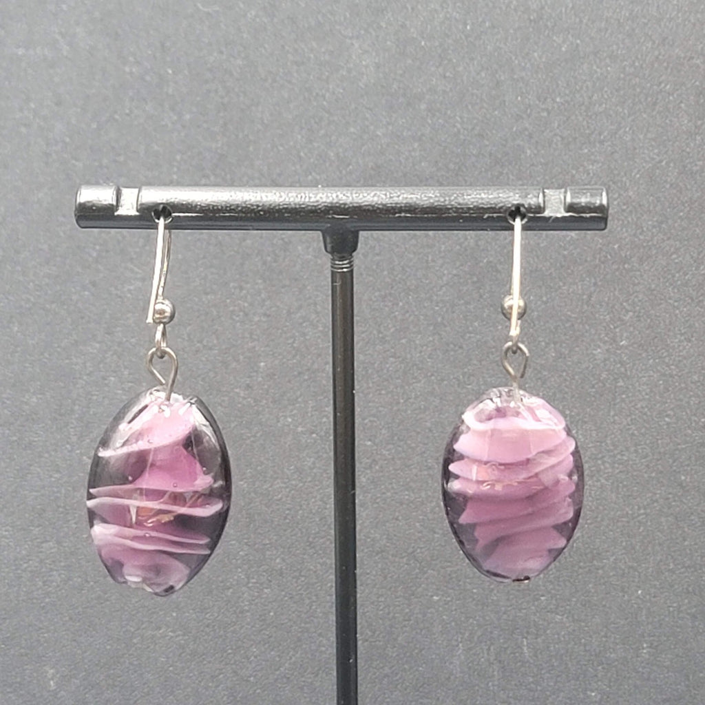 Pierced Earrings Purple Art Glass Bead Dangle 1"