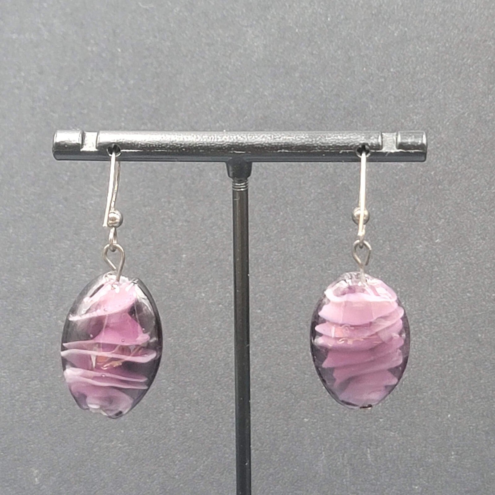 Pierced Earrings Purple Art Glass Bead Dangle 1"