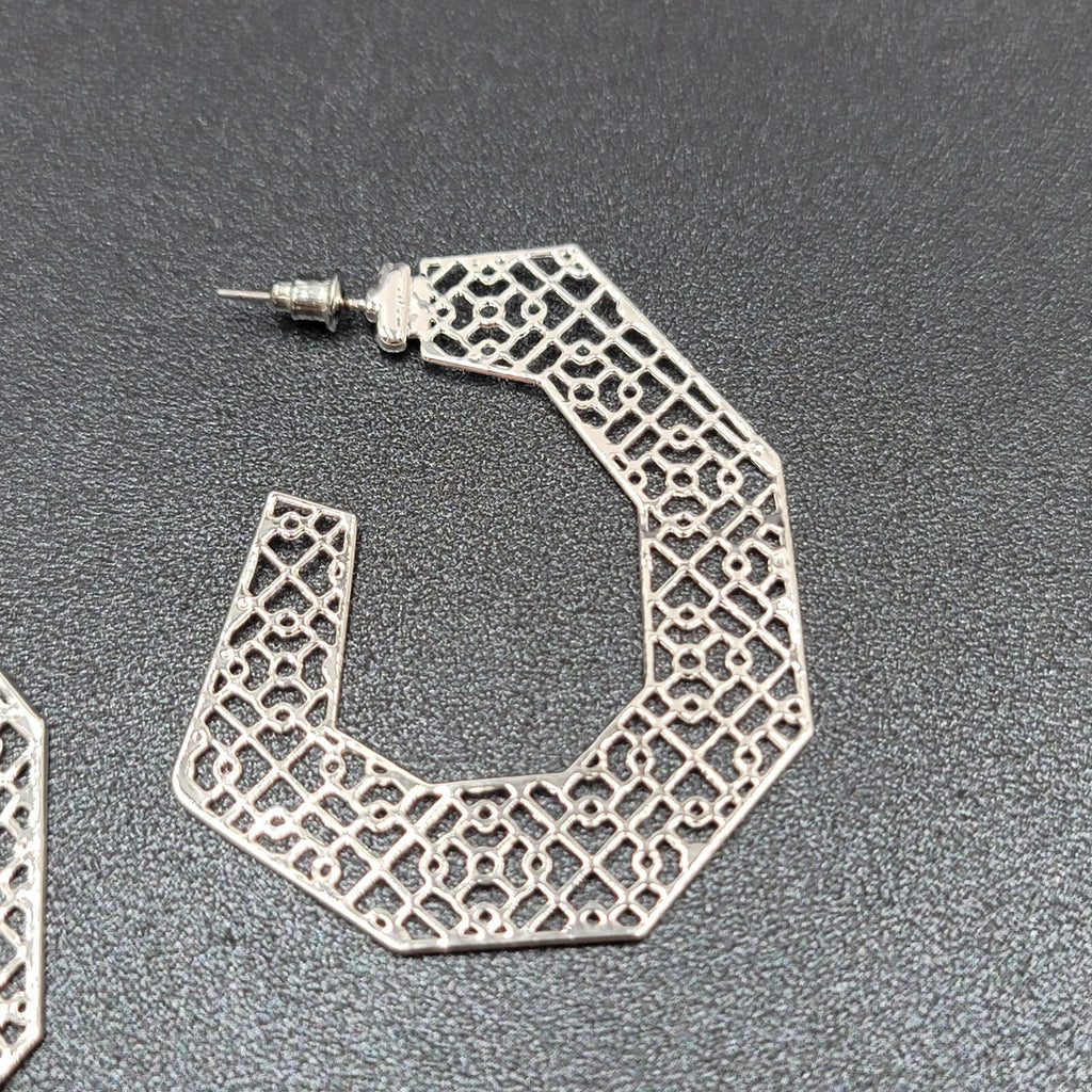 Pierced Earrings Silver tone Open Filigree Statement Hoops 2 1/8"