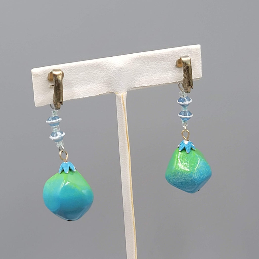 Vintage Green Blue Dangle Bead Clip on Earrings 2.25"