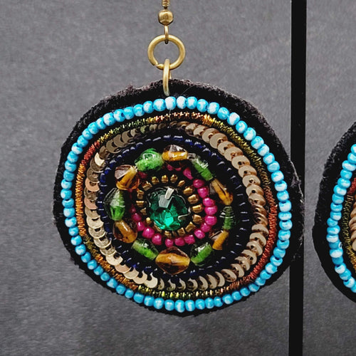 Boho Pierced Earrings Beaded Felt Medallion Dangle 1.75"