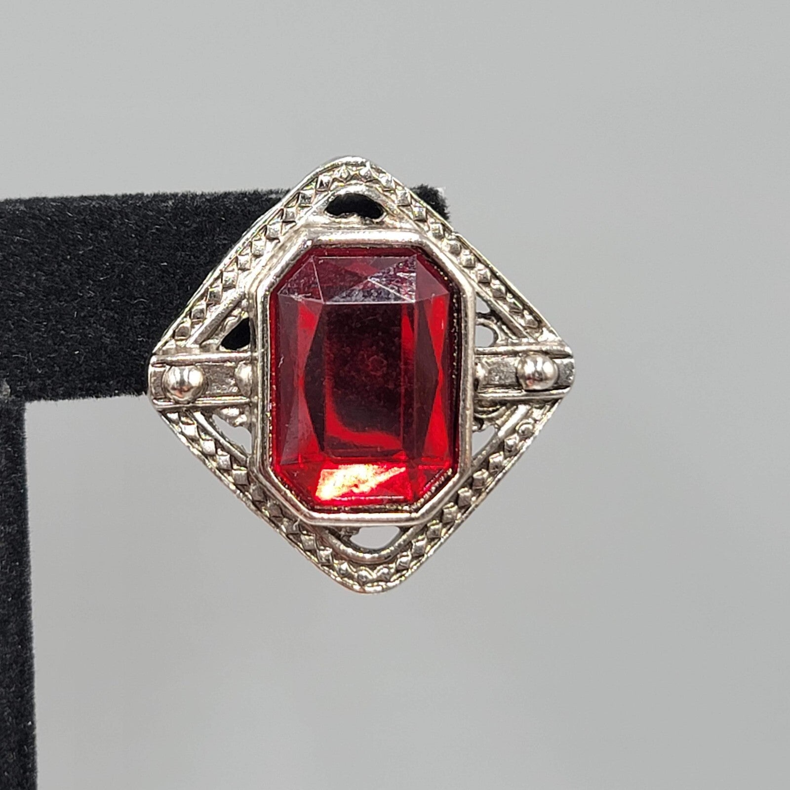 Vintage Pierced Earrings Silver tone Red Center Drop Statement 1.25"