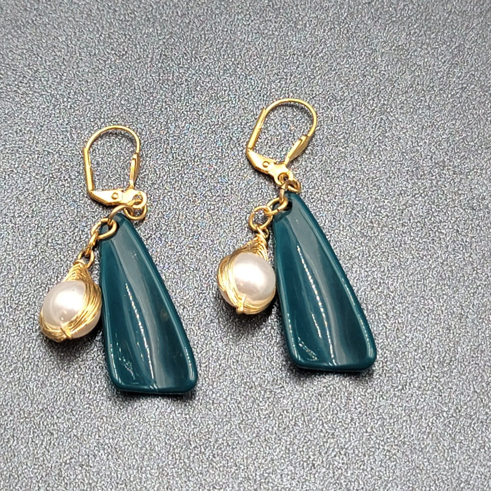 Pierced Earrings Gold Wire Faux Pearl Bead Teal Blue Dangle 1.75"