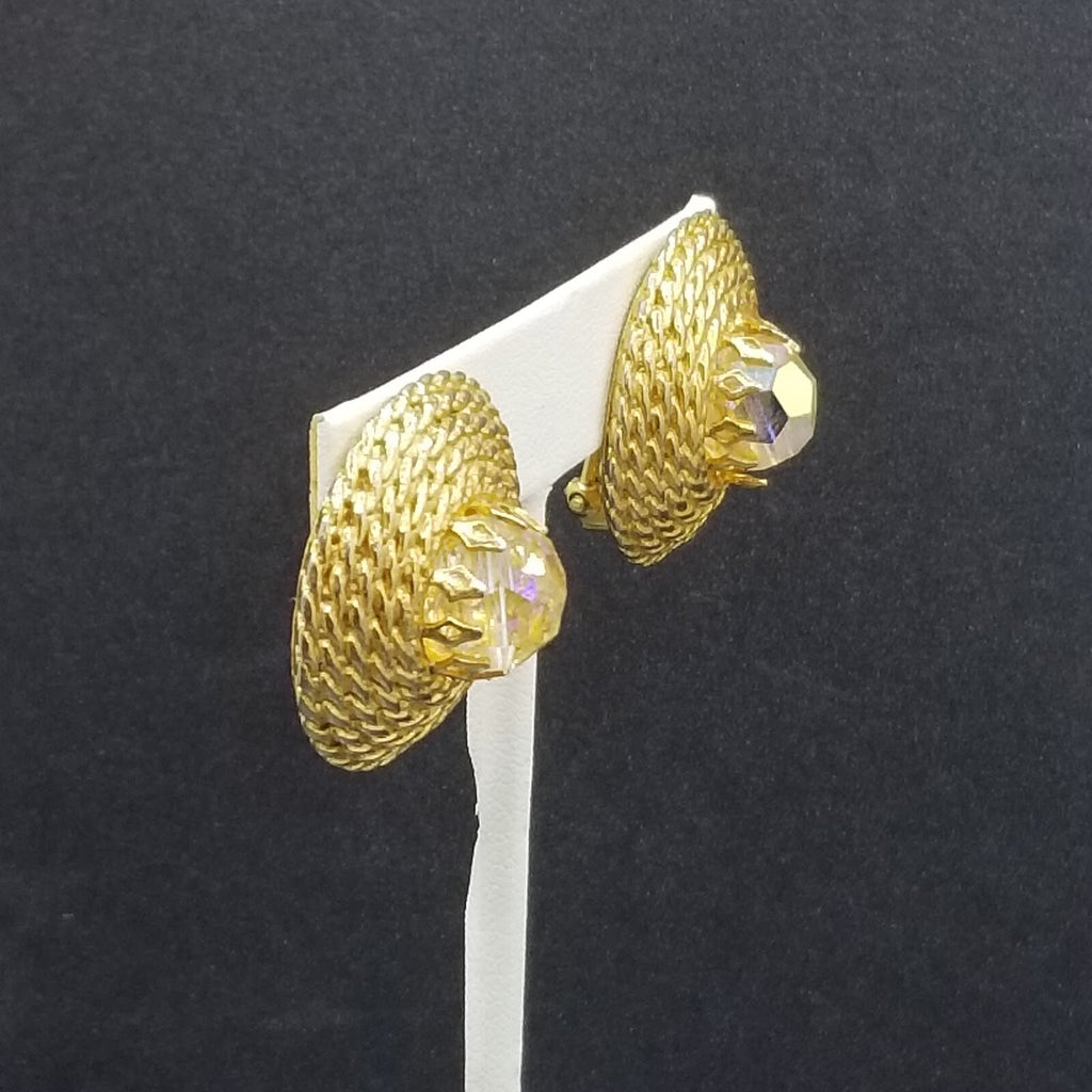 Vintage Clip On Earrings Gold tone Rhinestone Rope Stud 1 1/8"