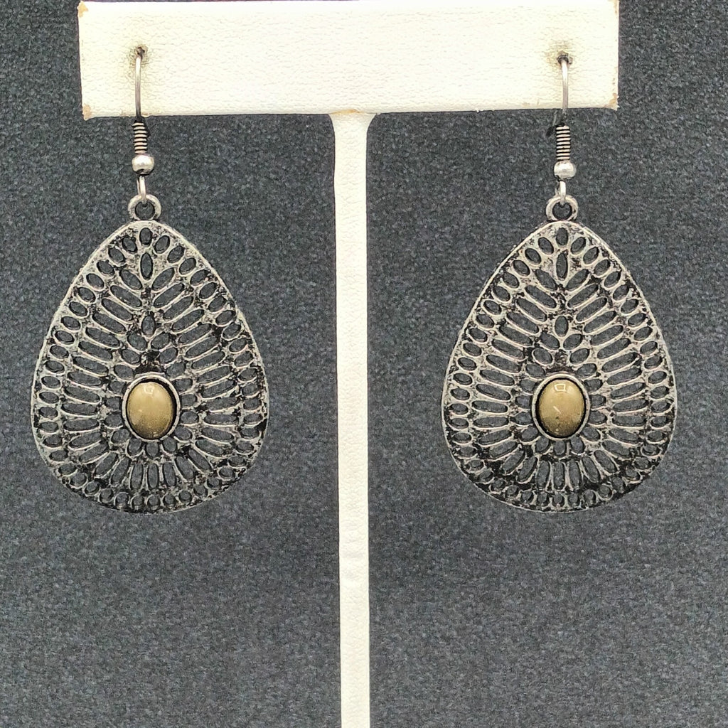 Pierced Earrings Antiqued Silver tone Teardrop Dangle 1 5/8"