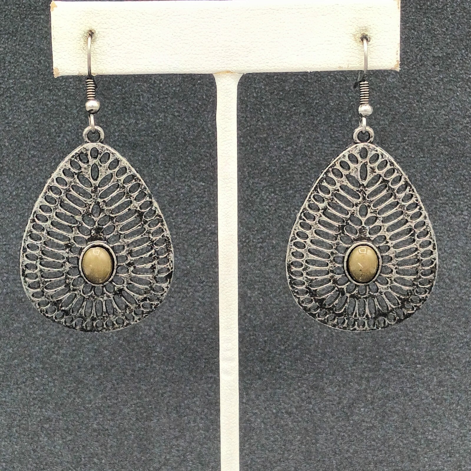 Pierced Earrings Antiqued Silver tone Teardrop Dangle 1 5/8"