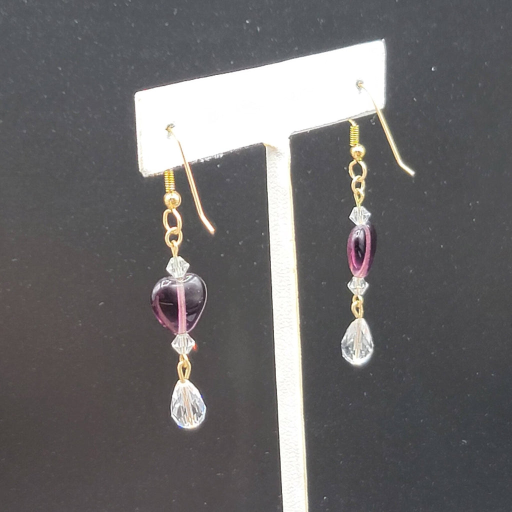 Pierced Earrings Gold tone Purple Glass Heart Bead Clear Crystals 1.5"