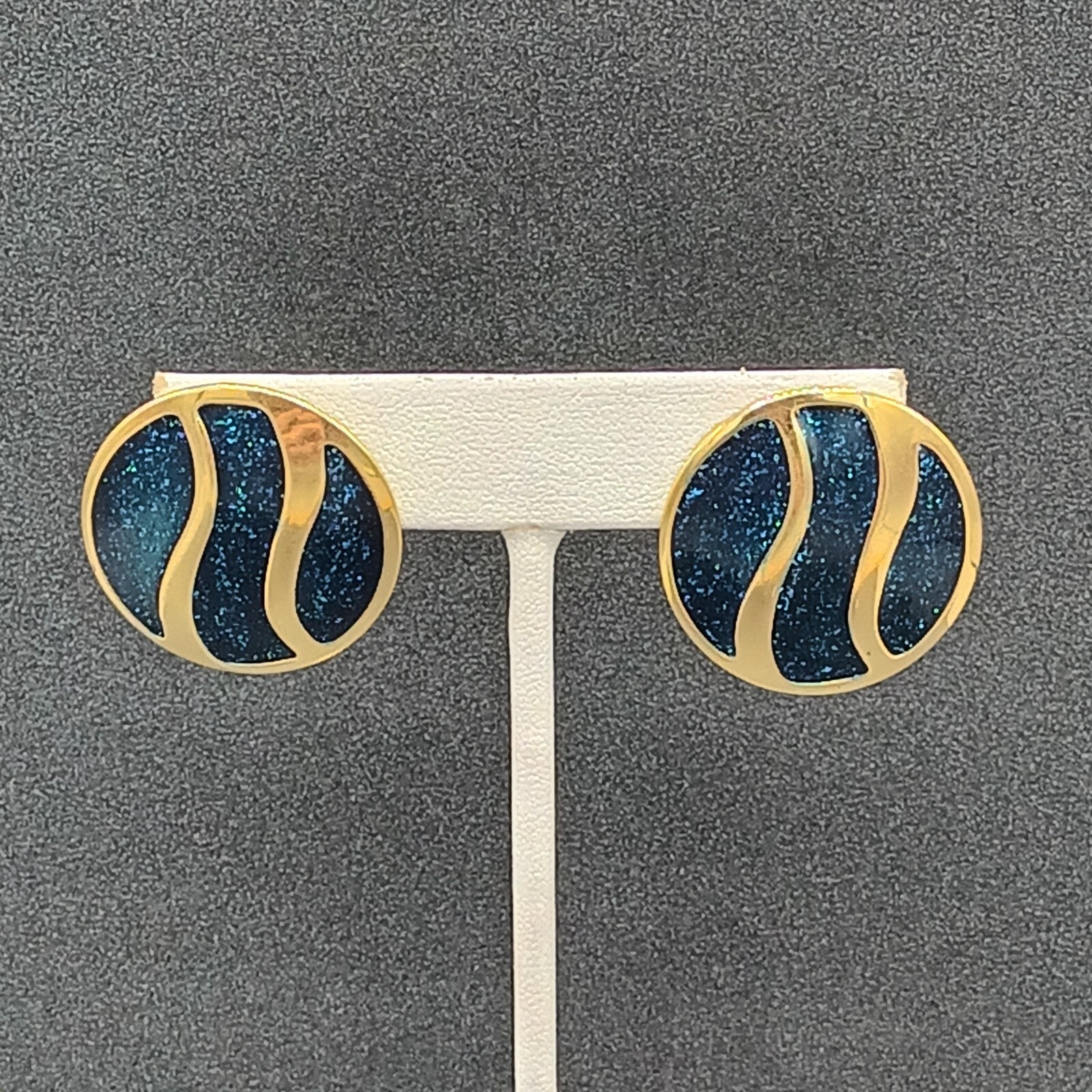 Vintage Pierced Earrings Polished Gold tone Blue Glitter Enamel Drop 1 1/8"