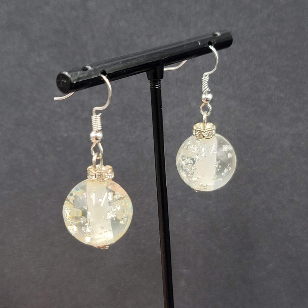 Pierced Earrings Silver tone Acrylic Clear Silver Glitter Bead 3/4"