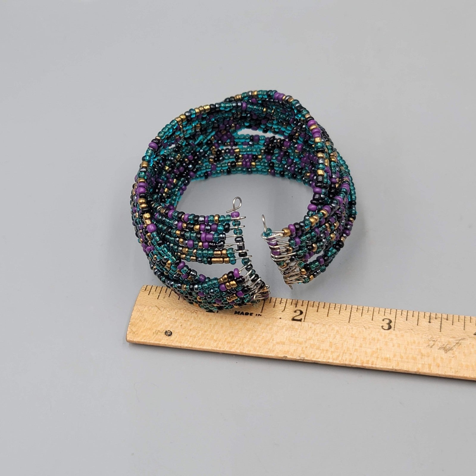Vintage Cuff Bracelet Blue Purple Gold Seed Bead Woven