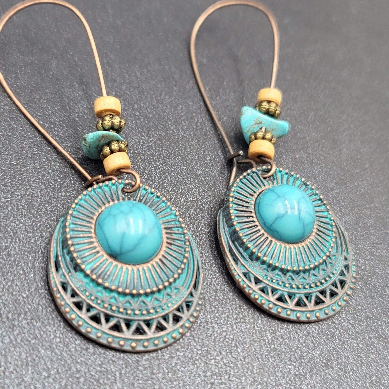 Boho Pierced Earrings Copper tone Faux Turquoise Dangle 2.25"