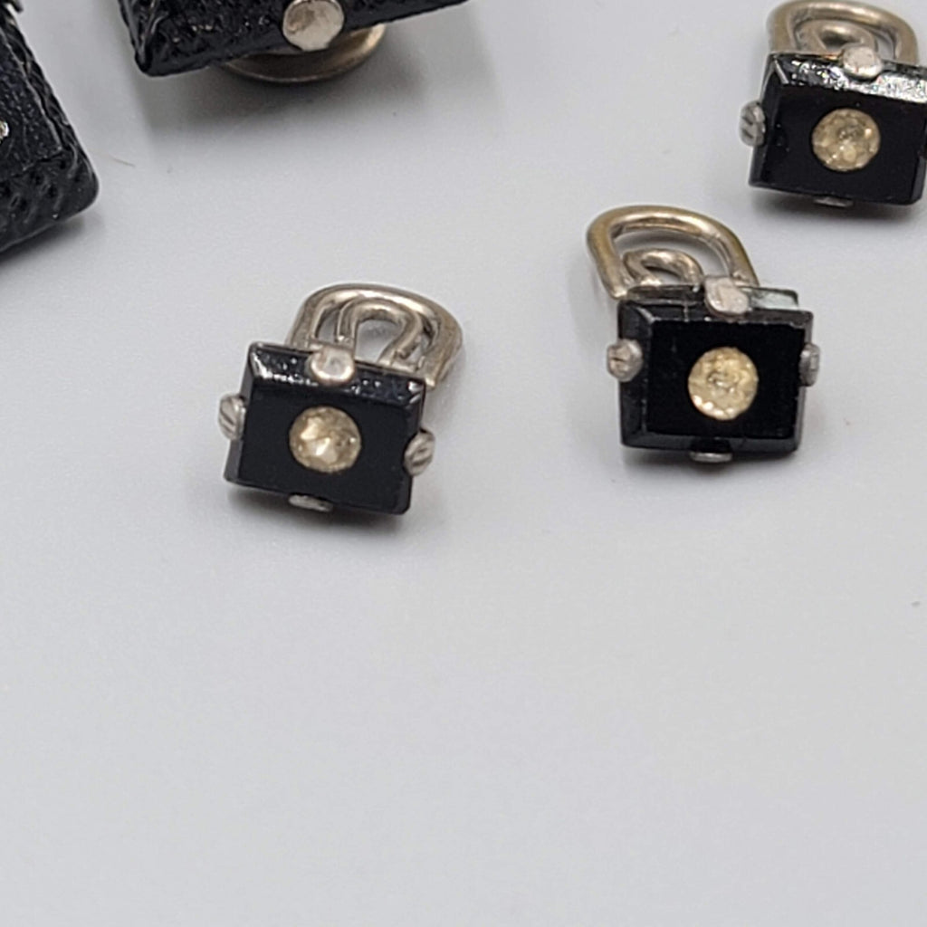 Vintage Cufflinks and Shirt Stud Set Black Glass Rhinestone Silver tone