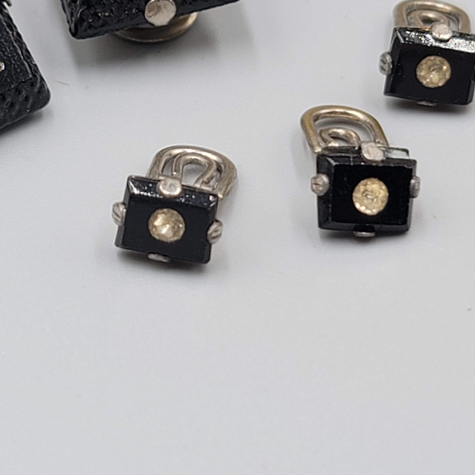 Vintage Cufflinks and Shirt Stud Set Black Glass Rhinestone Silver tone