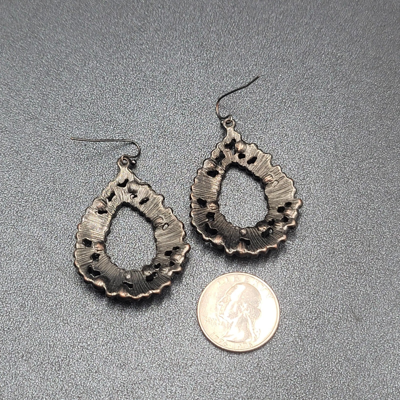 Pierced Earrings Black Metal Rhinestone Open Teardrop 1.75"