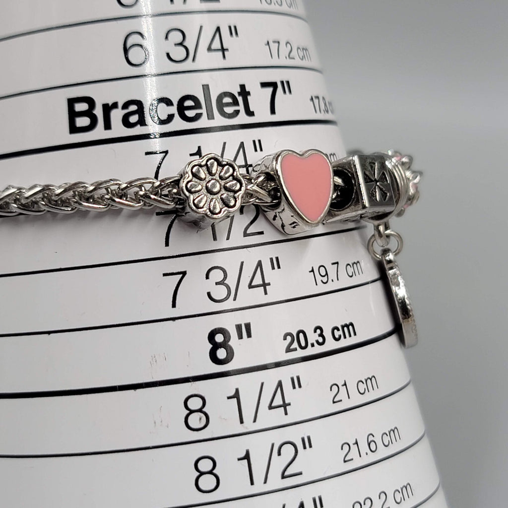 Slide Charm Bracelet Pink Enamel Hearts Beads Silver tone  7.25 in