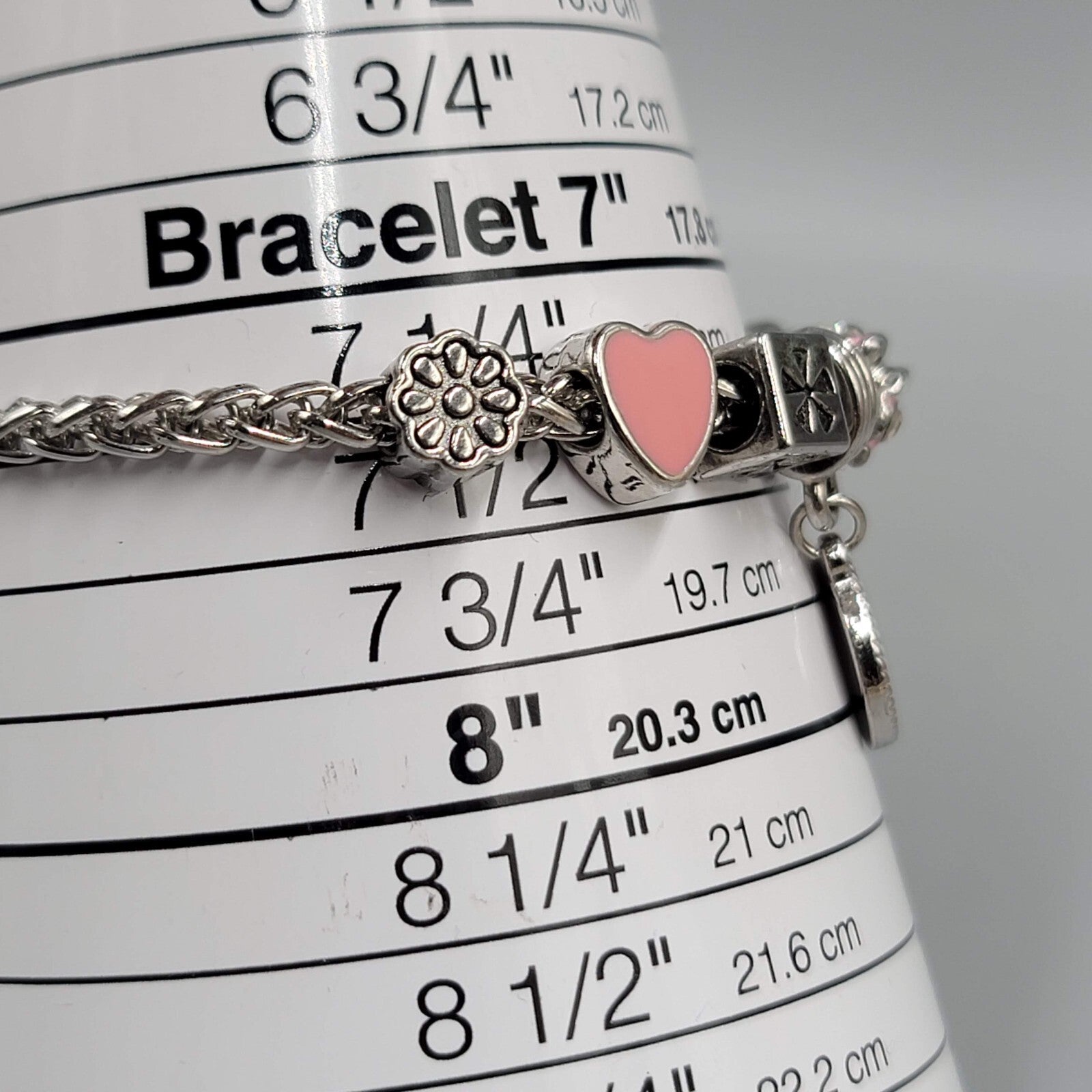 Slide Charm Bracelet Pink Enamel Hearts Beads Silver tone  7.25 in