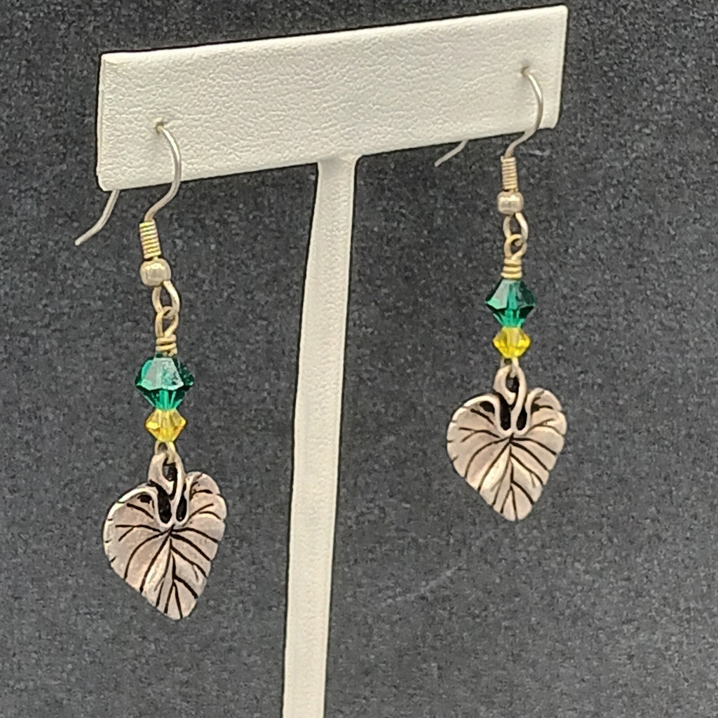 Pierced Earrings Silver tone Leaf Green Yellow Bead Dangle 1.25"