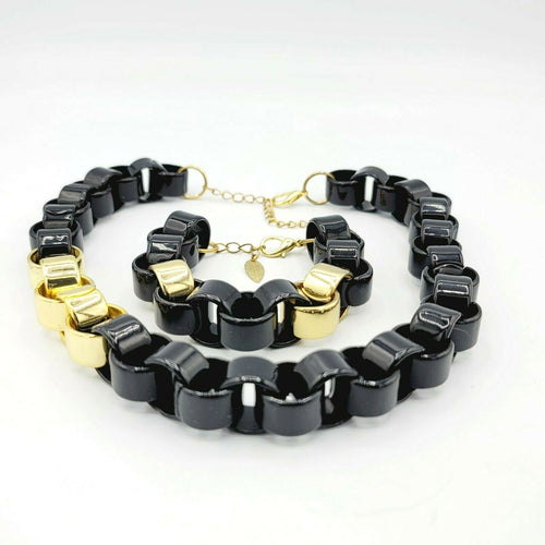 Coldwater Creek Black and Gold Plastic Link Necklace 20 in Bracelet 8 in