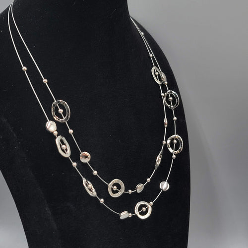 Double Chain Silver tone Necklace Station Bead 18"+