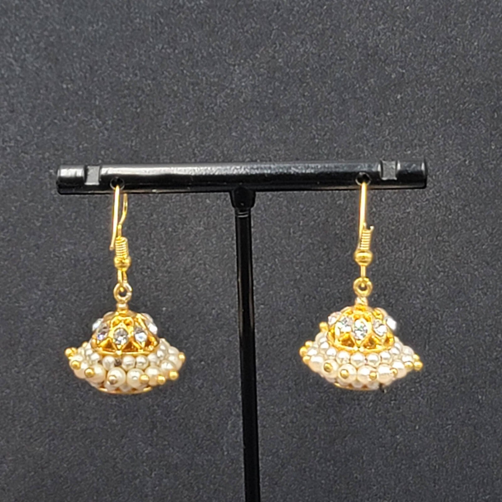 Pierced Earrings Gold Plated Chandelier Faux Pearl Beads 1"