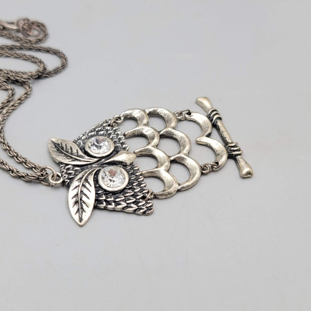 Articulated Owl Statement Long Necklace Silver tone Dangle 28"