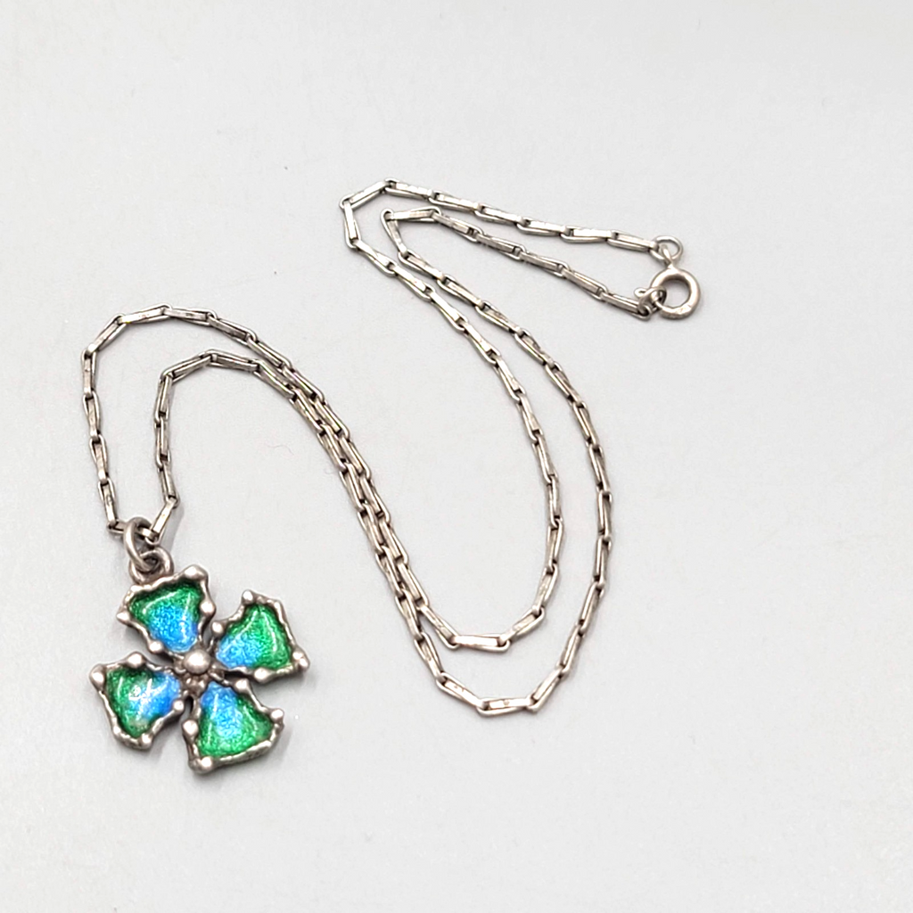 Vintage Signed Enamel Cross Pendant Sterling Silver Necklace 925   16 in