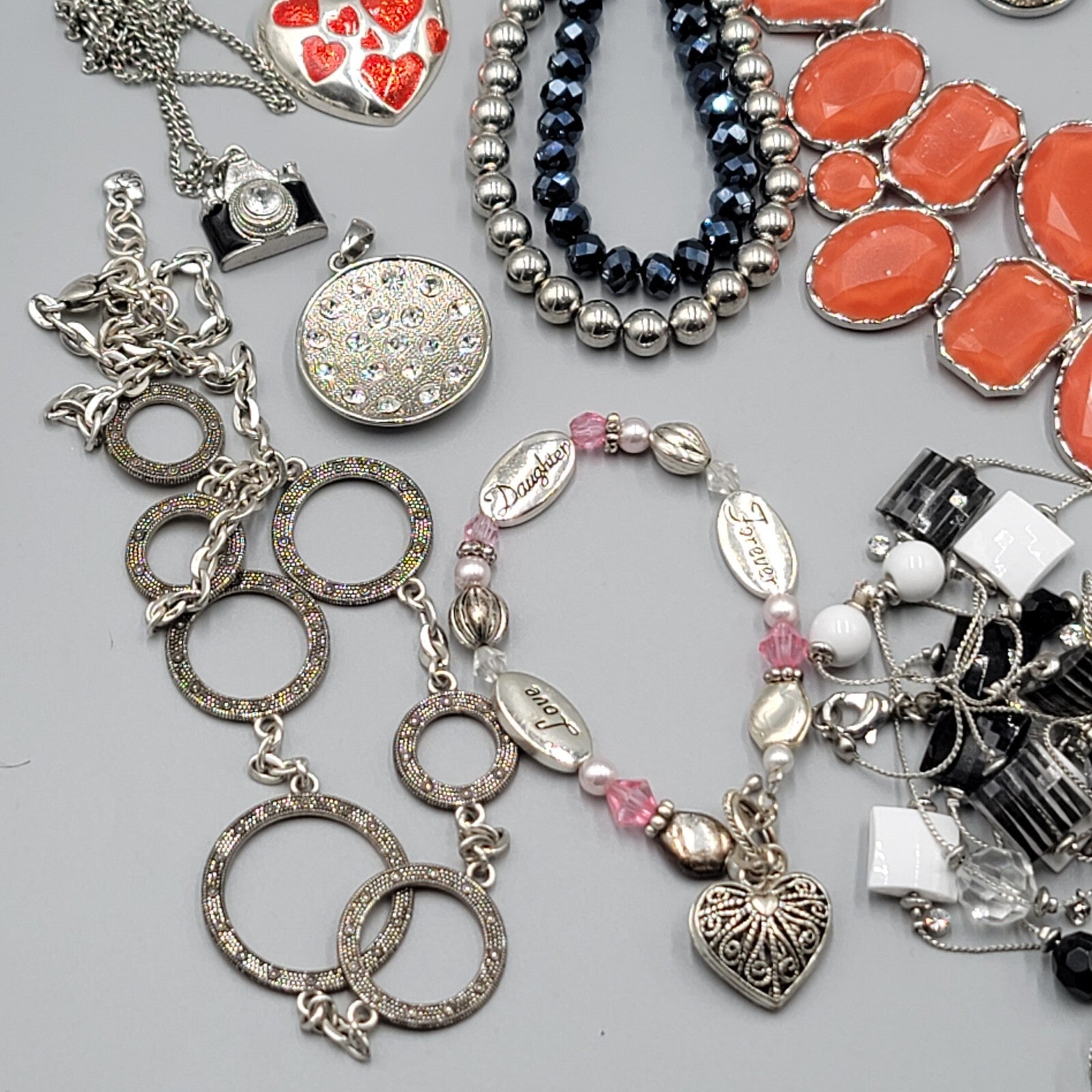 Silver tone Fashion Jewelry Lot of 39 Necklace Bracelets Earrings All Wearable