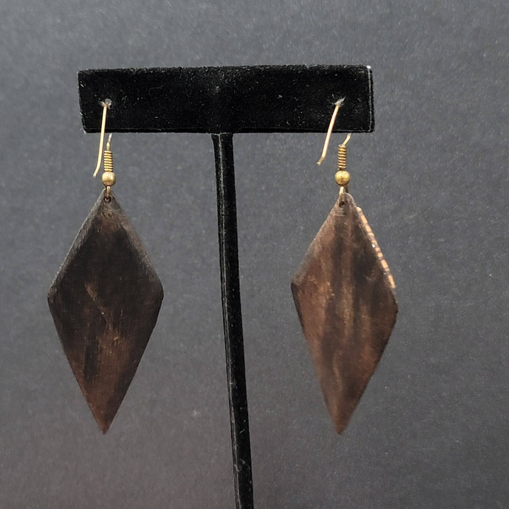 Vintage Pierced Earrings Wood Mother of Pearl Unique Hand Carved Dangle 2 1/8"