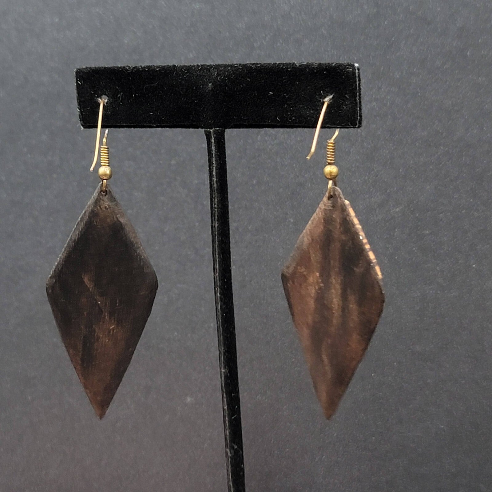 Vintage Pierced Earrings Wood Mother of Pearl Unique Hand Carved Dangle 2 1/8"