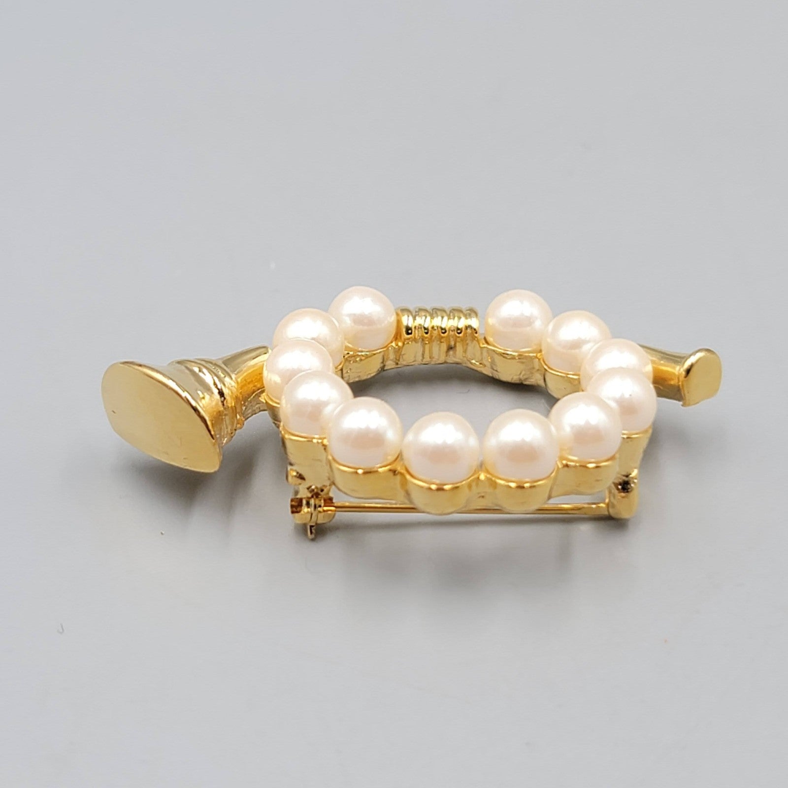 Vintage Horn Gold Plated Faux Pearl Christmas Holiday Year Round 2"