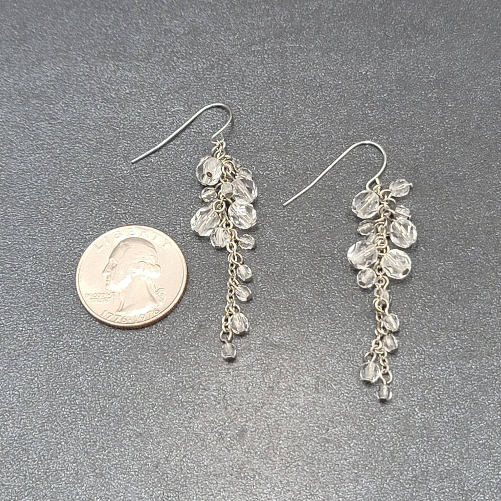 Pierced Earrings Silver tone Clear Bead Cluster Dangle 2.25"