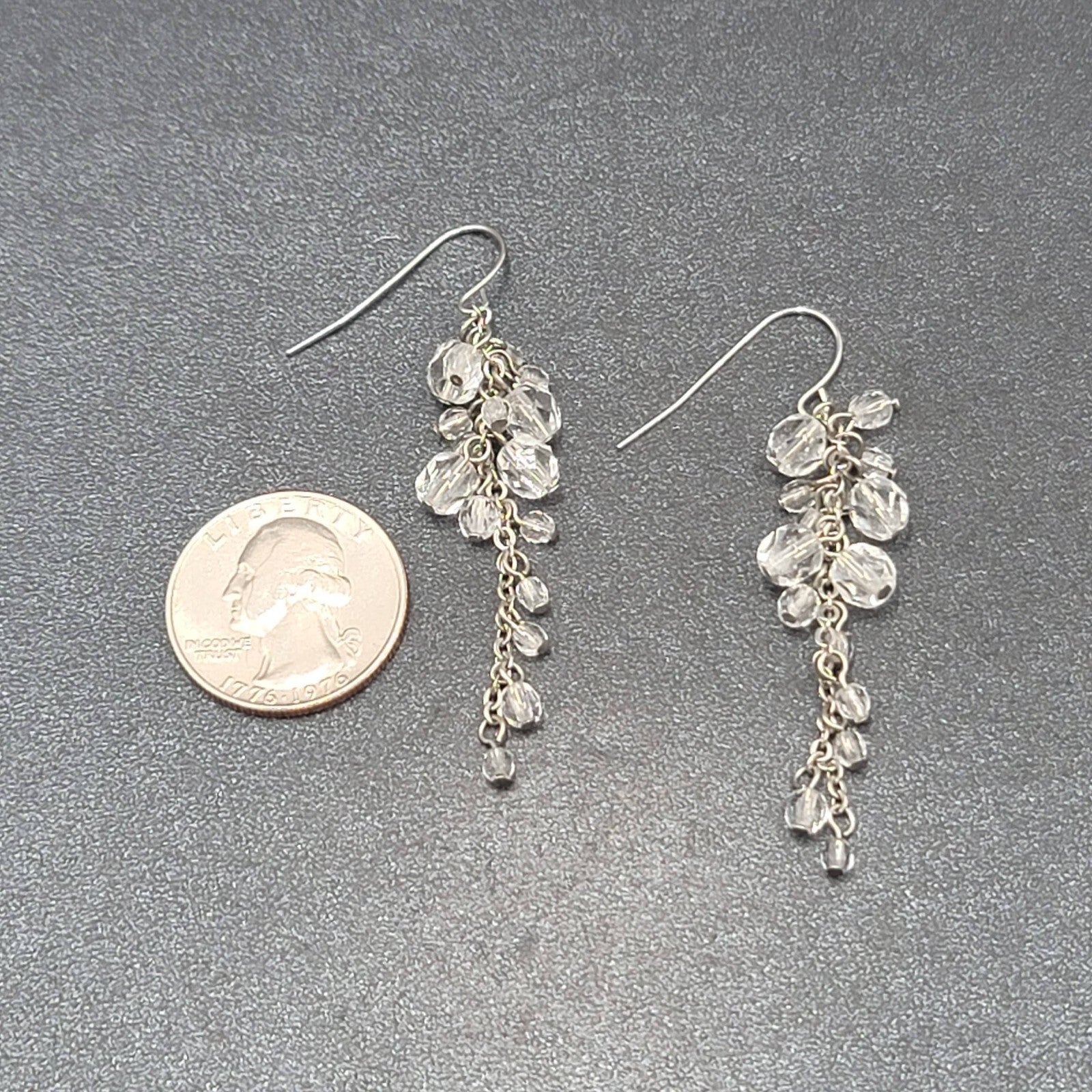 Pierced Earrings Silver tone Clear Bead Cluster Dangle 2.25"