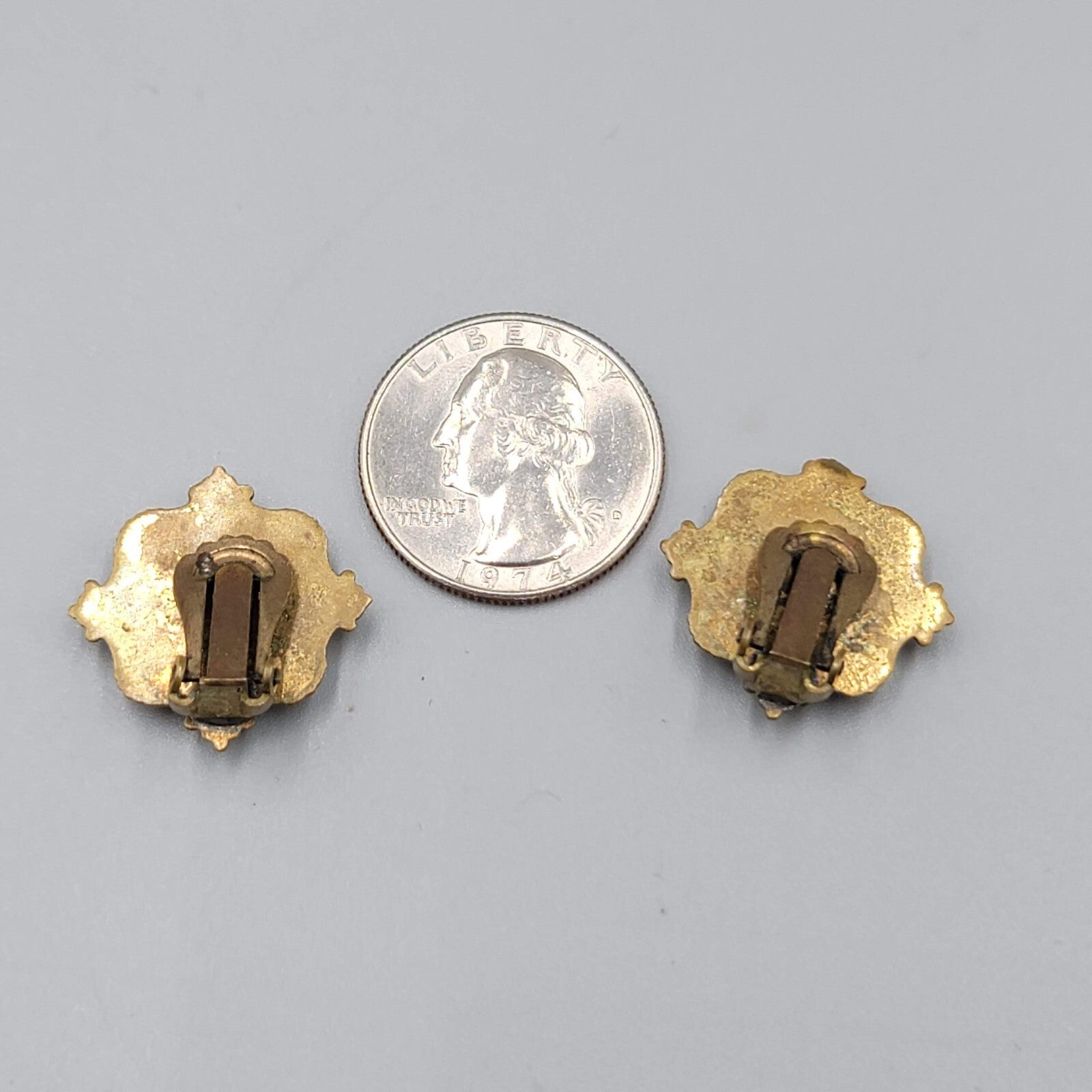 Antique Vintage Flower Enamel Clip on Earrings Brass Gold tone Square 7/8"
