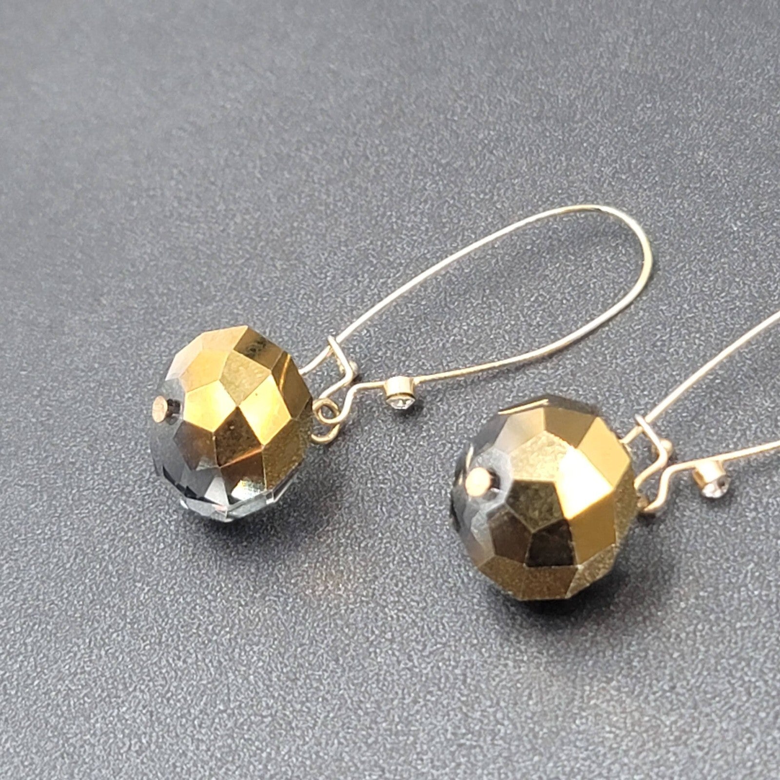 Pierced Earrings Gold tone faceted Glass Bead Smokey Gray Dangle 2"