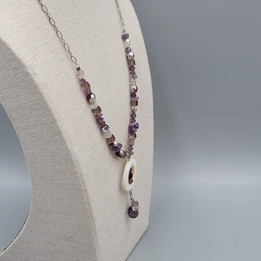 Sterling Silver Necklace Bead Amethyst Y Drop Unique Chain Mother of Pearl 18"